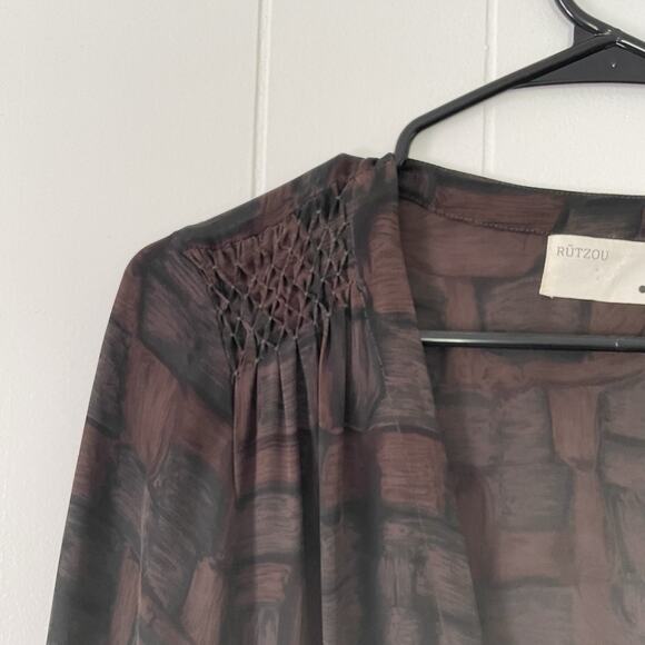 Boho Y2K Beaded Tie-Back Midi Dress 90s Silk Brown Abstract Print Applique Sz 10 - Picture 7 of 9